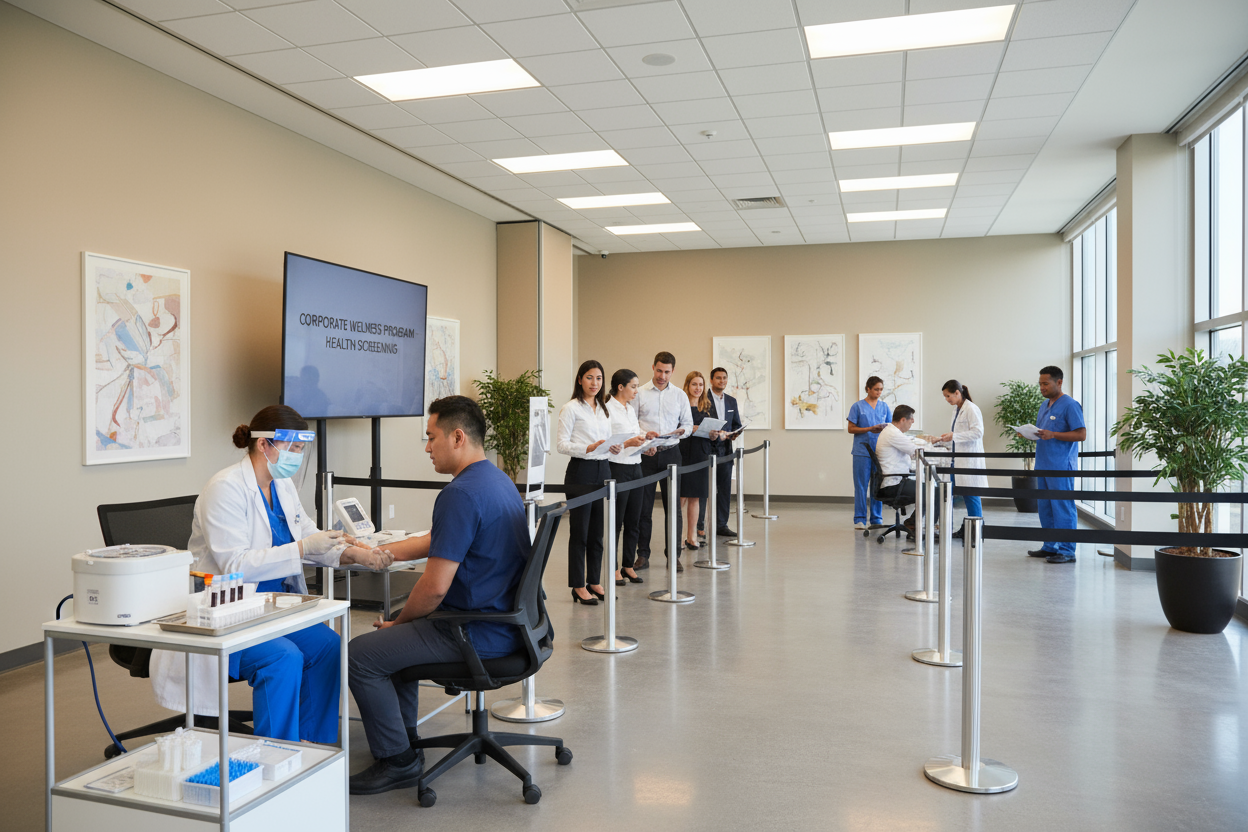 un operativo empresarial en donde hay una fila de personas y una enfermera tomando unas muestras